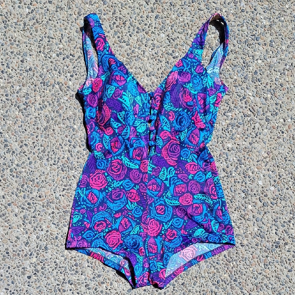 Maxine of Hollywood Purple Blue Pink Floral One-Piece Swimsuit